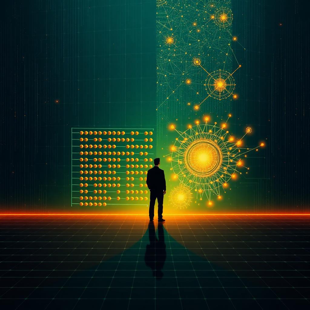 An accountant standing between a fading abacus of light and a rising AI constellation