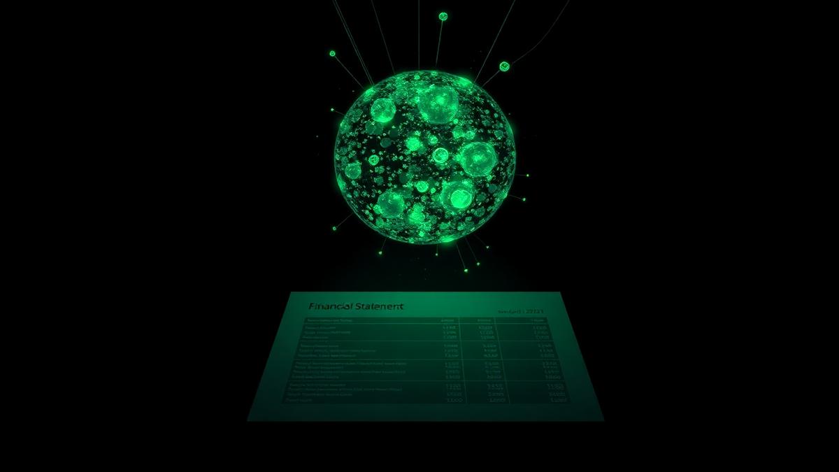 A glowing AI orb connected to a financial statement