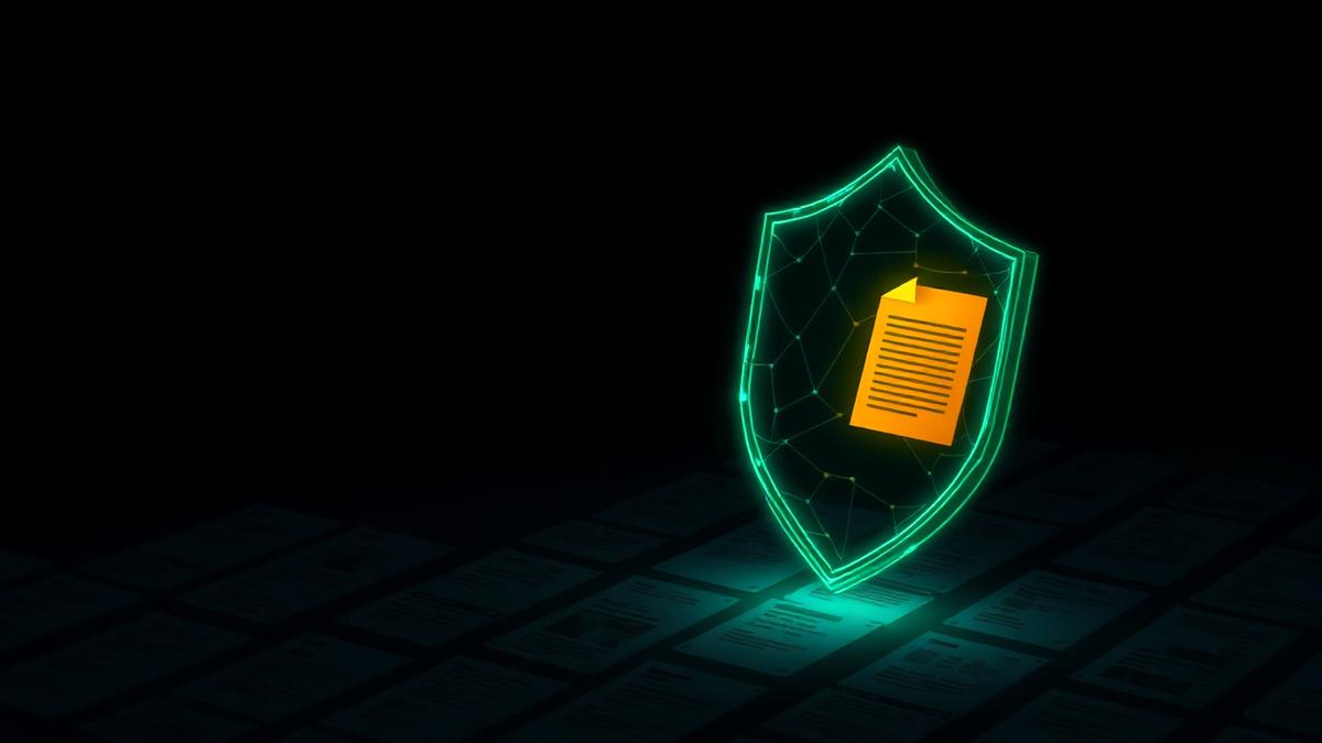 A glowing shield over a grid of documents with one flagged