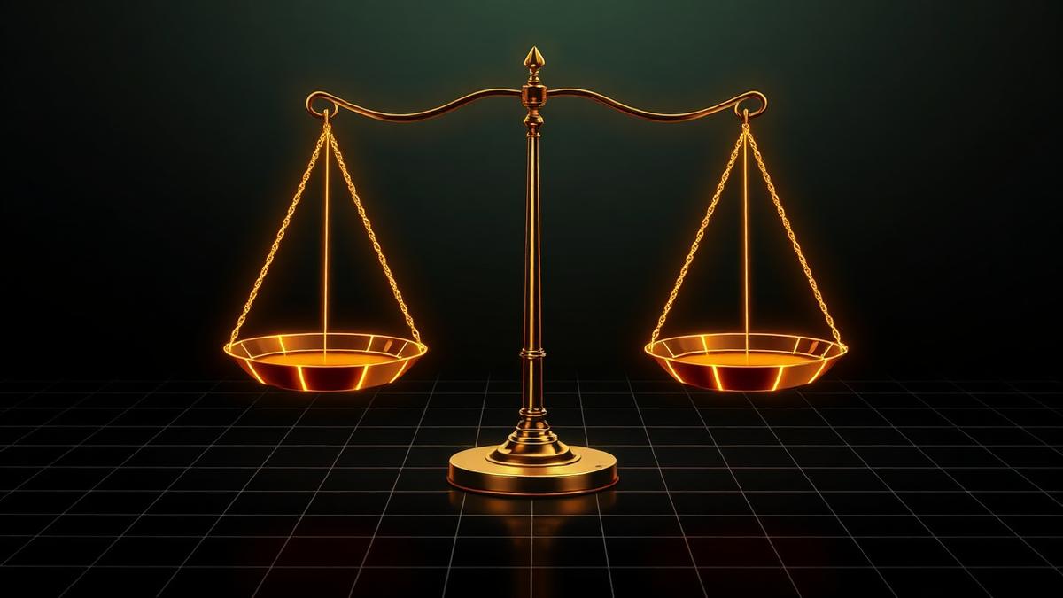 Glowing balanced scales over a dark grid