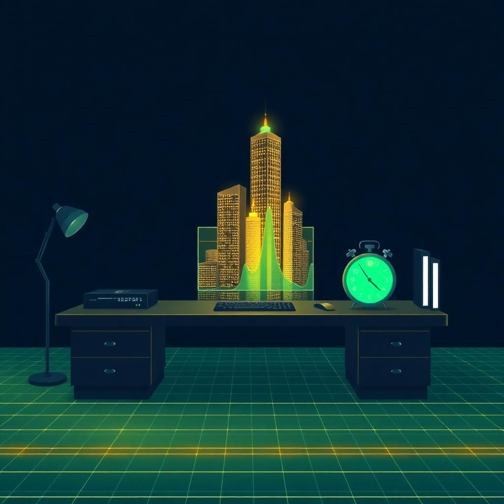 A desk where financial statements rise like glowing skyscrapers beside a clock
