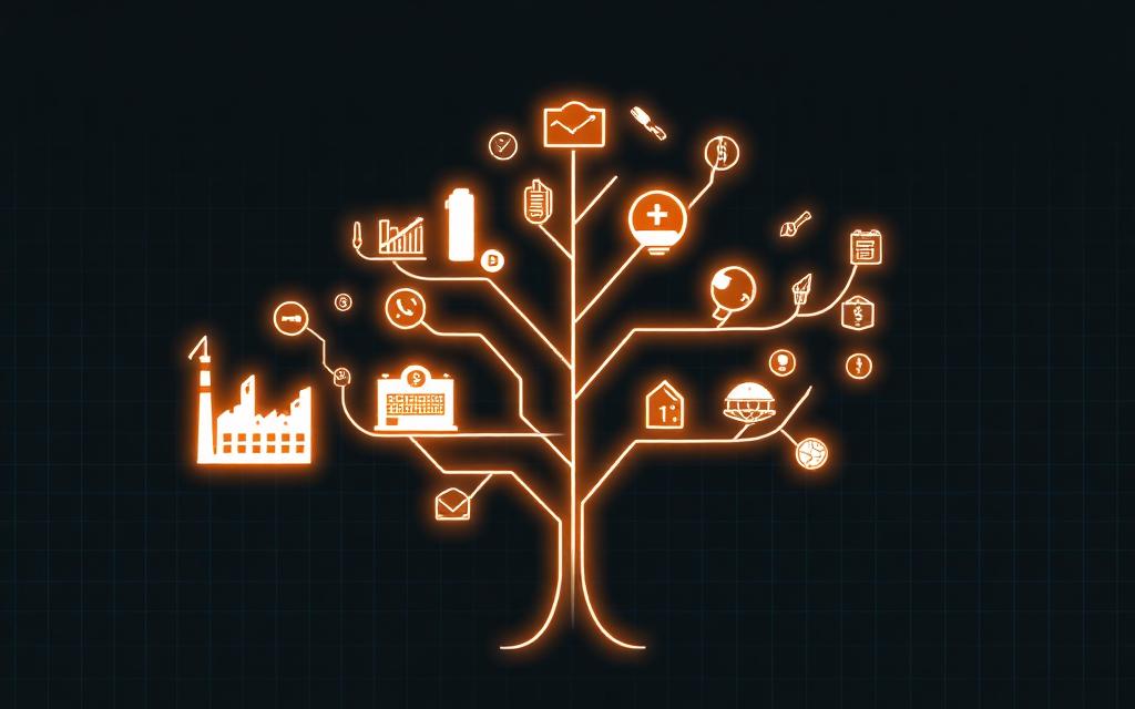 A glowing chart of accounts branching into industry symbols
