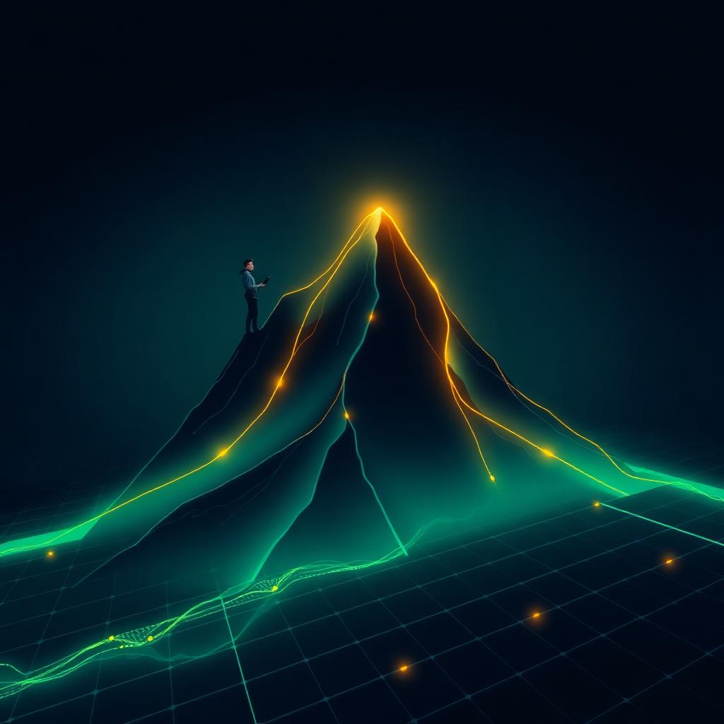 A lone climber on a glowing mountain dissolving into calm ledger lines
