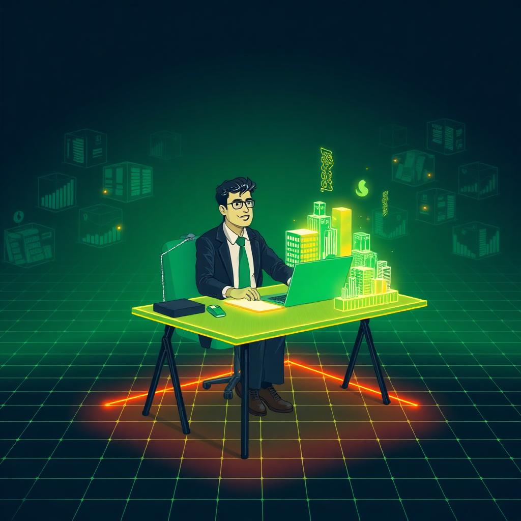 A business owner at one desk holding a glowing miniature accounting department