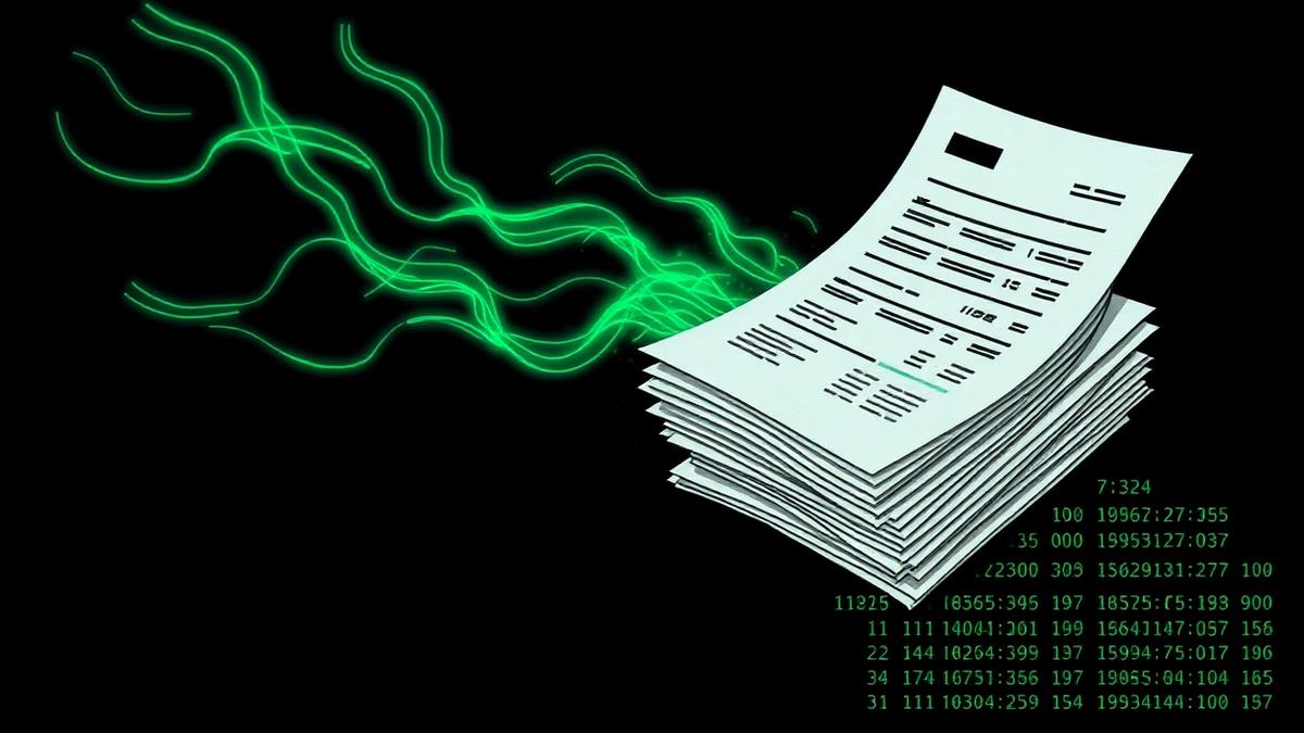 Receipts and invoices dissolving into glowing ledger data