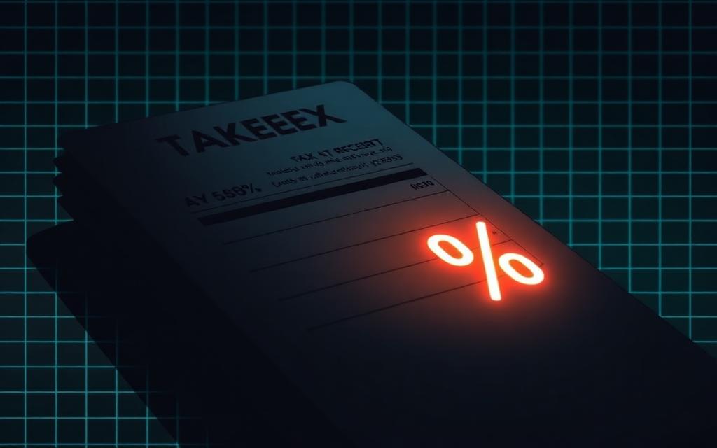 A glowing tax receipt feeding percentages into a ledger