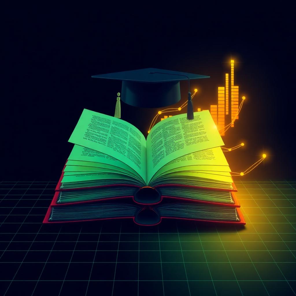 Textbooks transforming into glowing streams of ledger data
